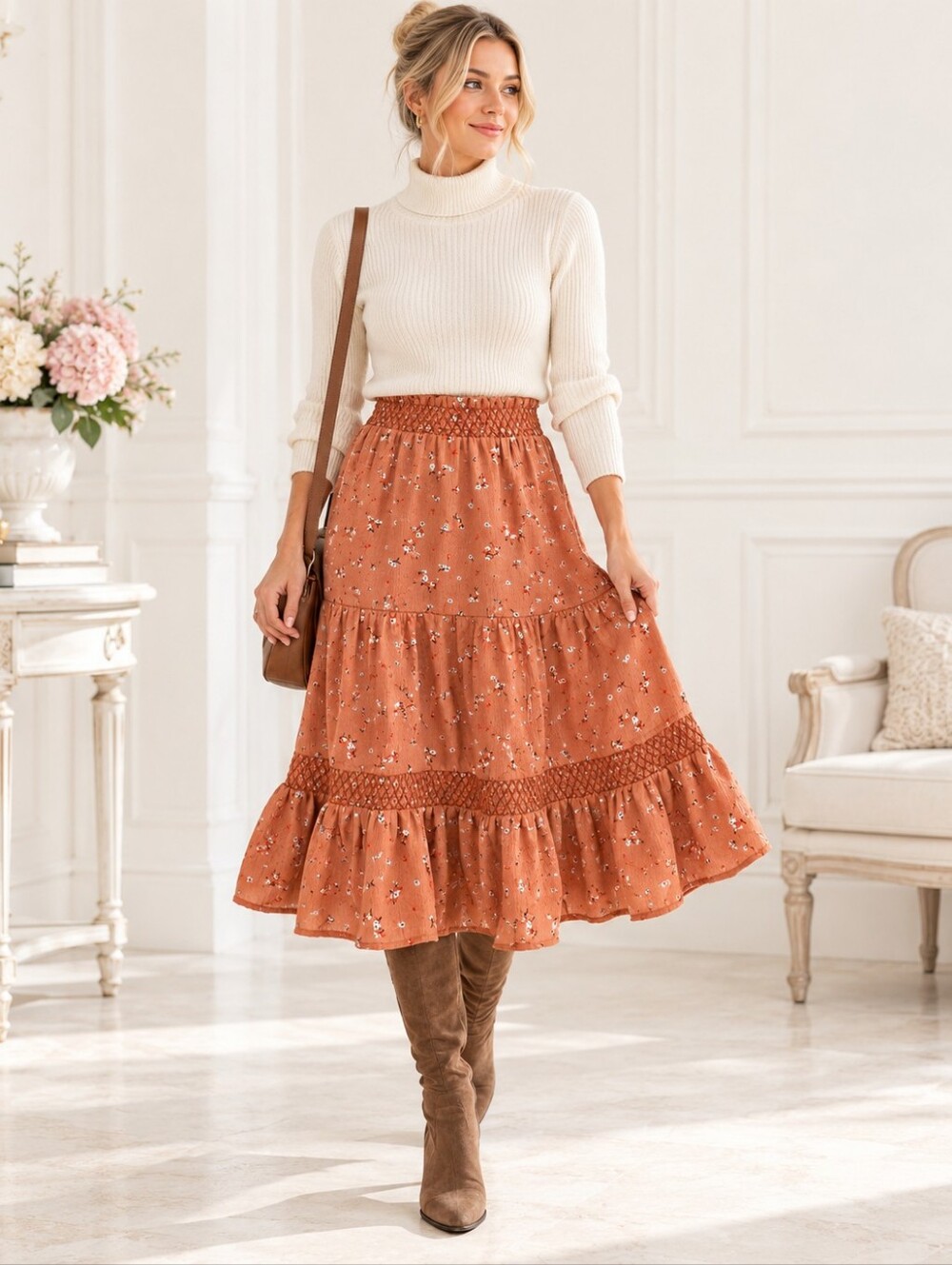 Indigo Rose Rust Floral Tiered Midi Skirt Cottagecore Boho | Size Small